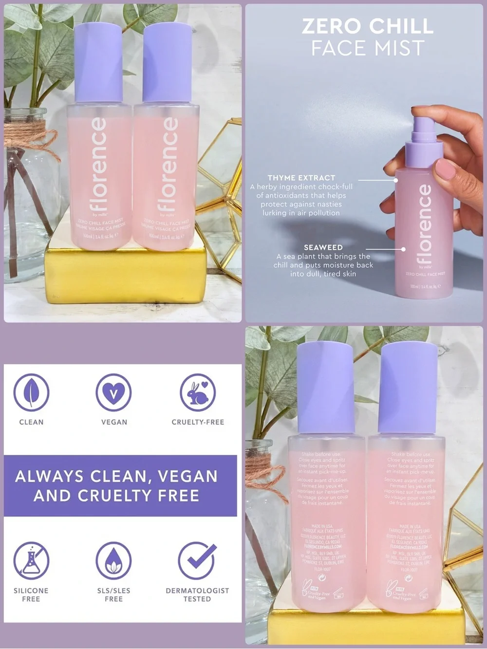 Florence by mills Zero Chill Vegan Face Mist Rose Infused Face Spray Bundle NEW